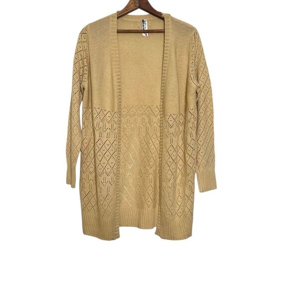 Azur Collection Open Front Pointelle Knit Longline Cardigan Pale Yellow Sz Large - Picture 3 of 8